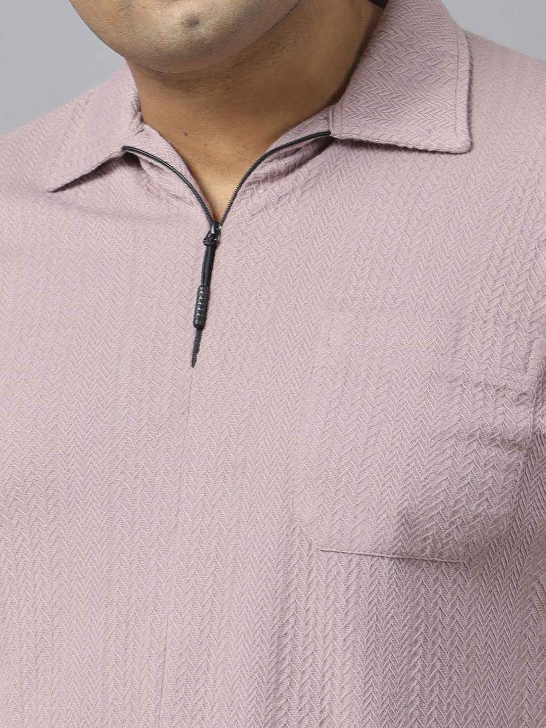 Men's Plus Size Textured Polo Neck Half Sleeve T-Shirt with Stylish Front Zip Neck and Functional Chest Pocket for Comfortable Everyday Wear