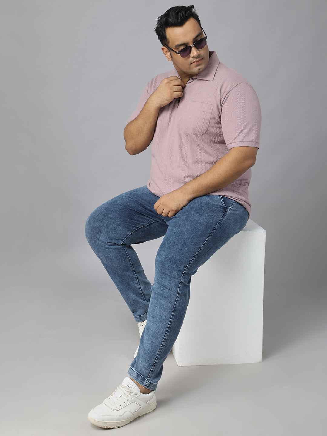 Men's Plus Size Textured Polo Neck Half Sleeve T-Shirt with Stylish Front Zip Neck and Functional Chest Pocket for Comfortable Everyday Wear