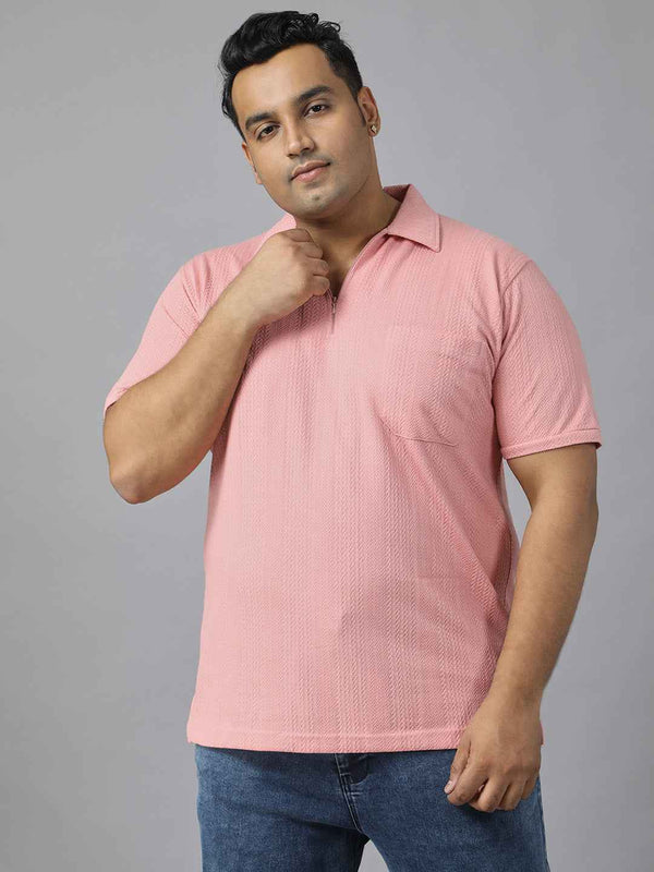 Men's Plus Size Textured Polo Neck Half Sleeve T-Shirt with Stylish Front Zip Neck and Functional Chest Pocket for Comfortable Everyday Wear