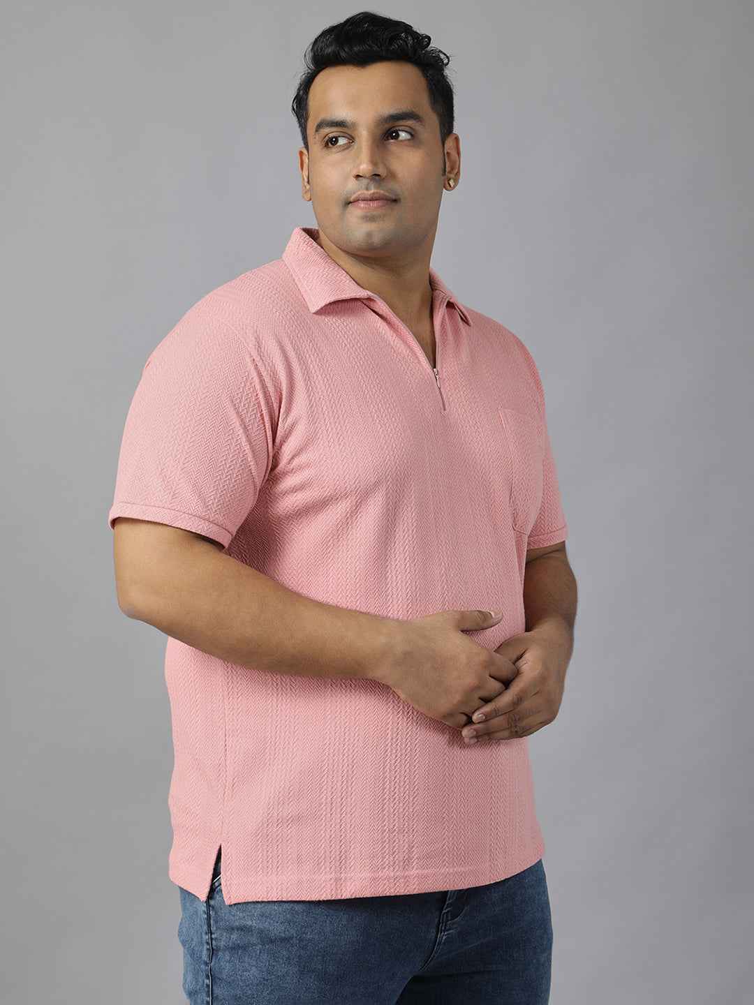 Men's Plus Size Textured Polo Neck Half Sleeve T-Shirt with Stylish Front Zip Neck and Functional Chest Pocket for Comfortable Everyday Wear