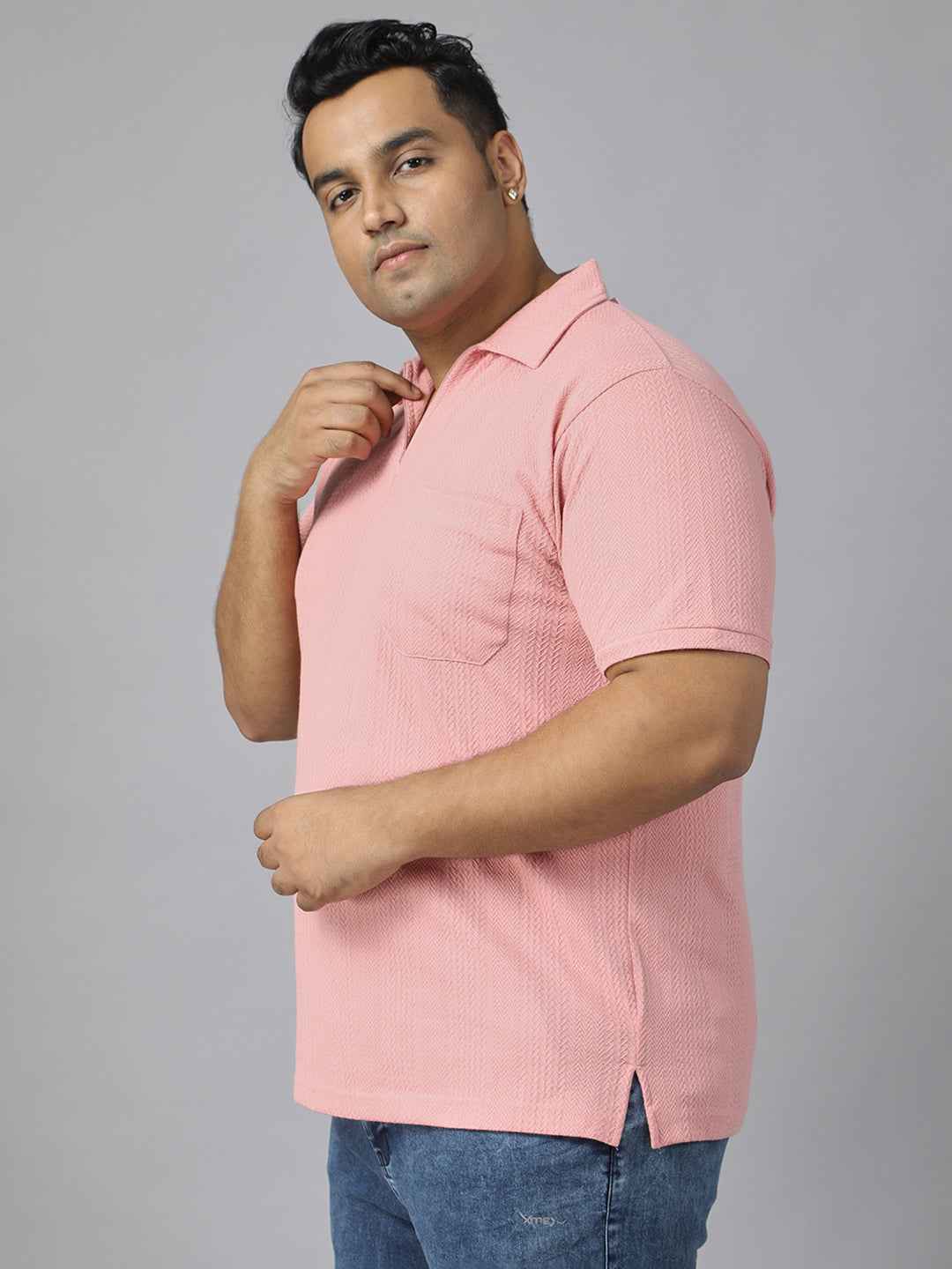 Men's Plus Size Textured Polo Neck Half Sleeve T-Shirt with Stylish Front Zip Neck and Functional Chest Pocket for Comfortable Everyday Wear