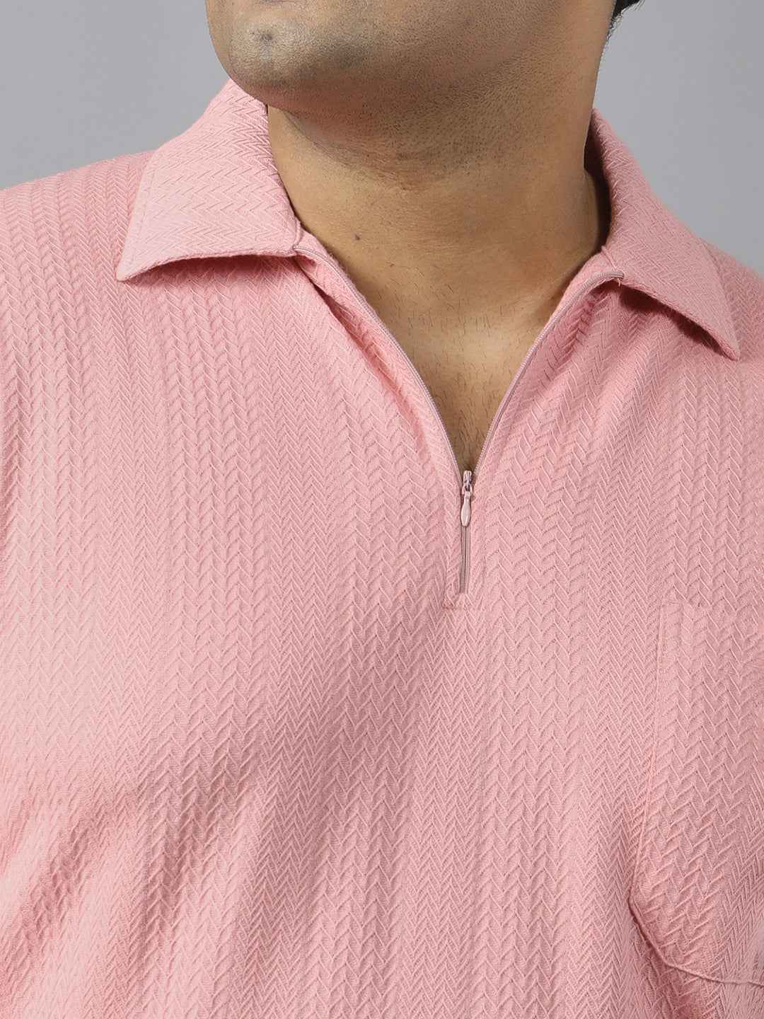 Men's Plus Size Textured Polo Neck Half Sleeve T-Shirt with Stylish Front Zip Neck and Functional Chest Pocket for Comfortable Everyday Wear
