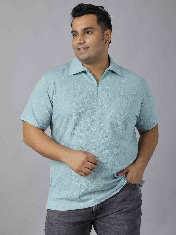 Men's Plus Size Textured Polo Neck Half Sleeve T-Shirt with Stylish Front Zip Neck and Functional Chest Pocket for Comfortable Everyday Wear