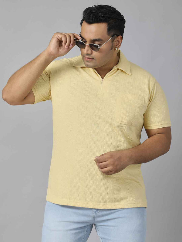 Men's Plus Size Textured Polo Neck Half Sleeve T-Shirt with Stylish Front Zip Neck and Functional Chest Pocket for Comfortable Everyday Wear