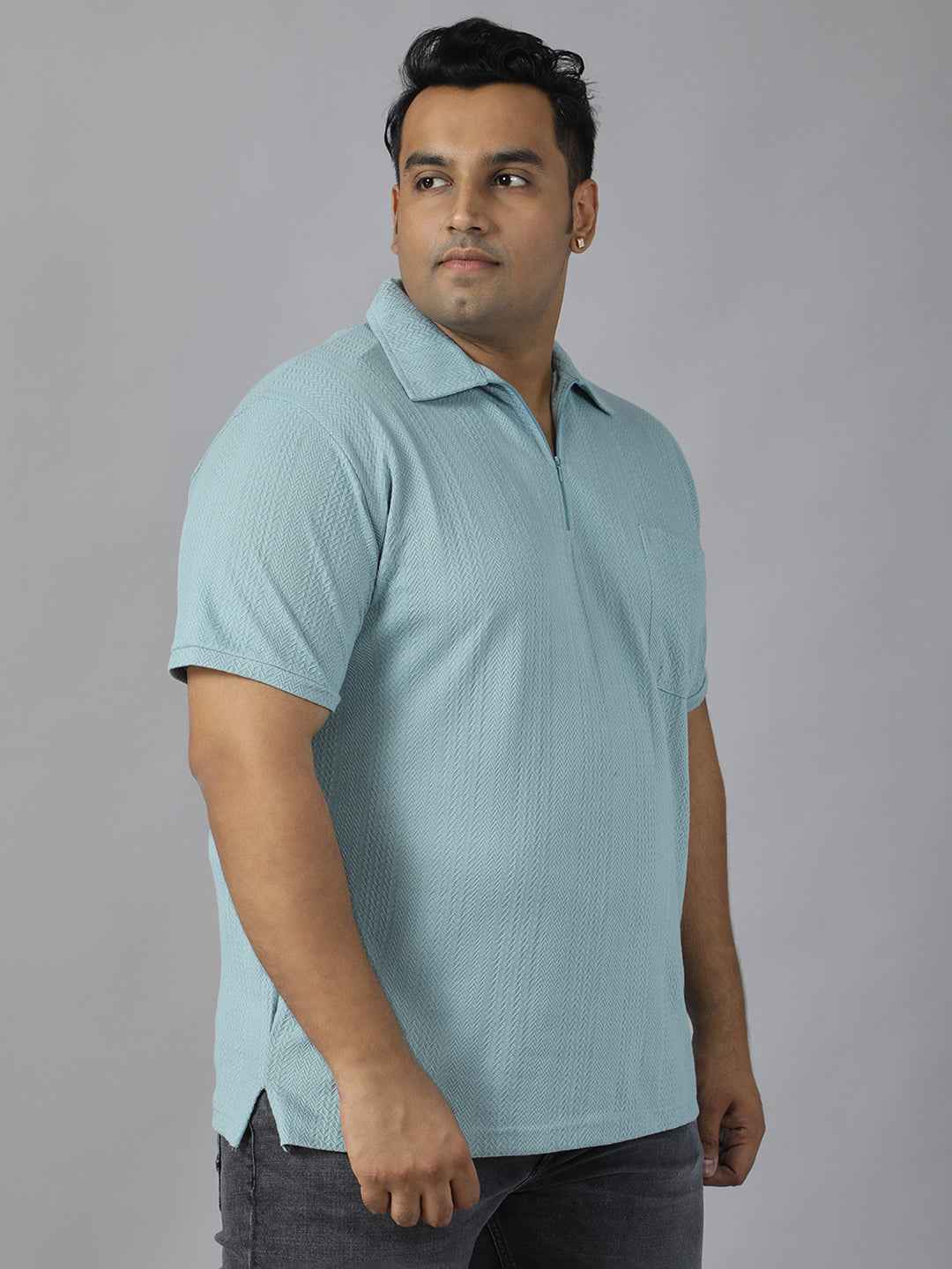 Men's Plus Size Textured Polo Neck Half Sleeve T-Shirt with Stylish Front Zip Neck and Functional Chest Pocket for Comfortable Everyday Wear
