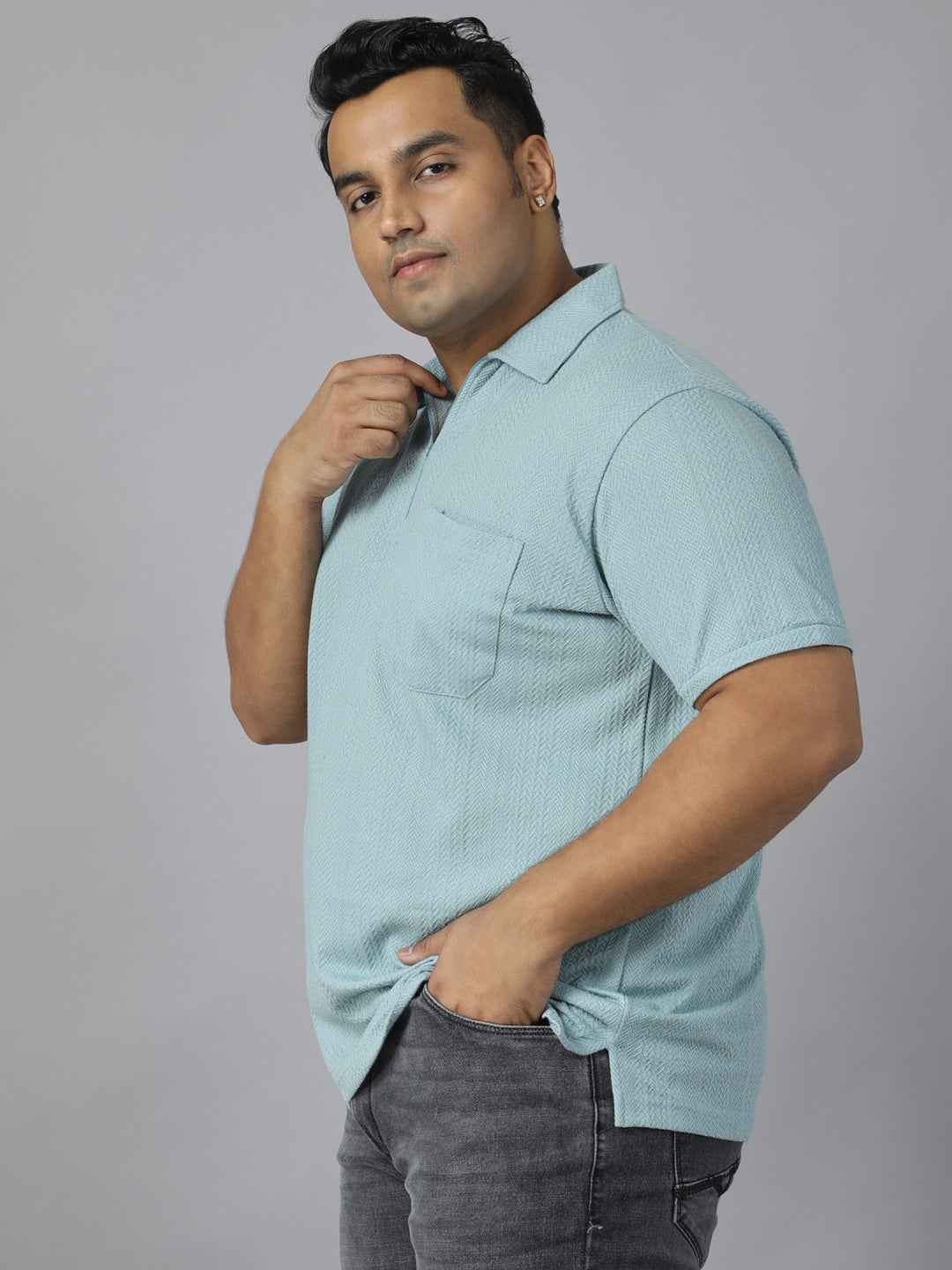 Men's Plus Size Textured Polo Neck Half Sleeve T-Shirt with Stylish Front Zip Neck and Functional Chest Pocket for Comfortable Everyday Wear
