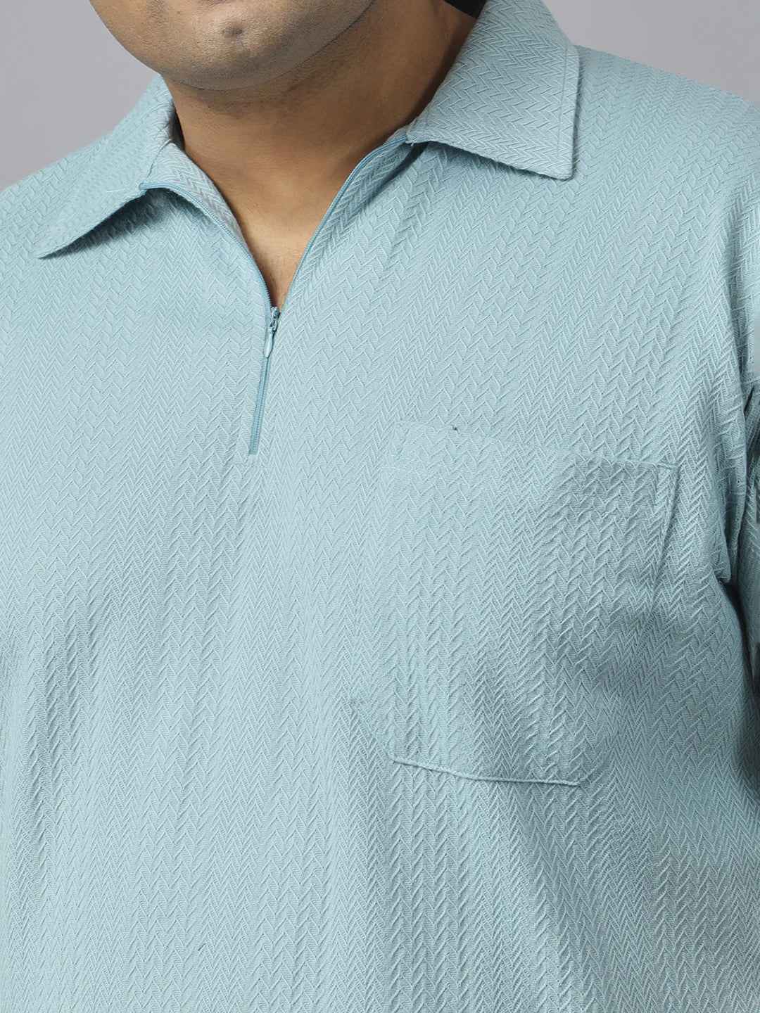 Men's Plus Size Textured Polo Neck Half Sleeve T-Shirt with Stylish Front Zip Neck and Functional Chest Pocket for Comfortable Everyday Wear