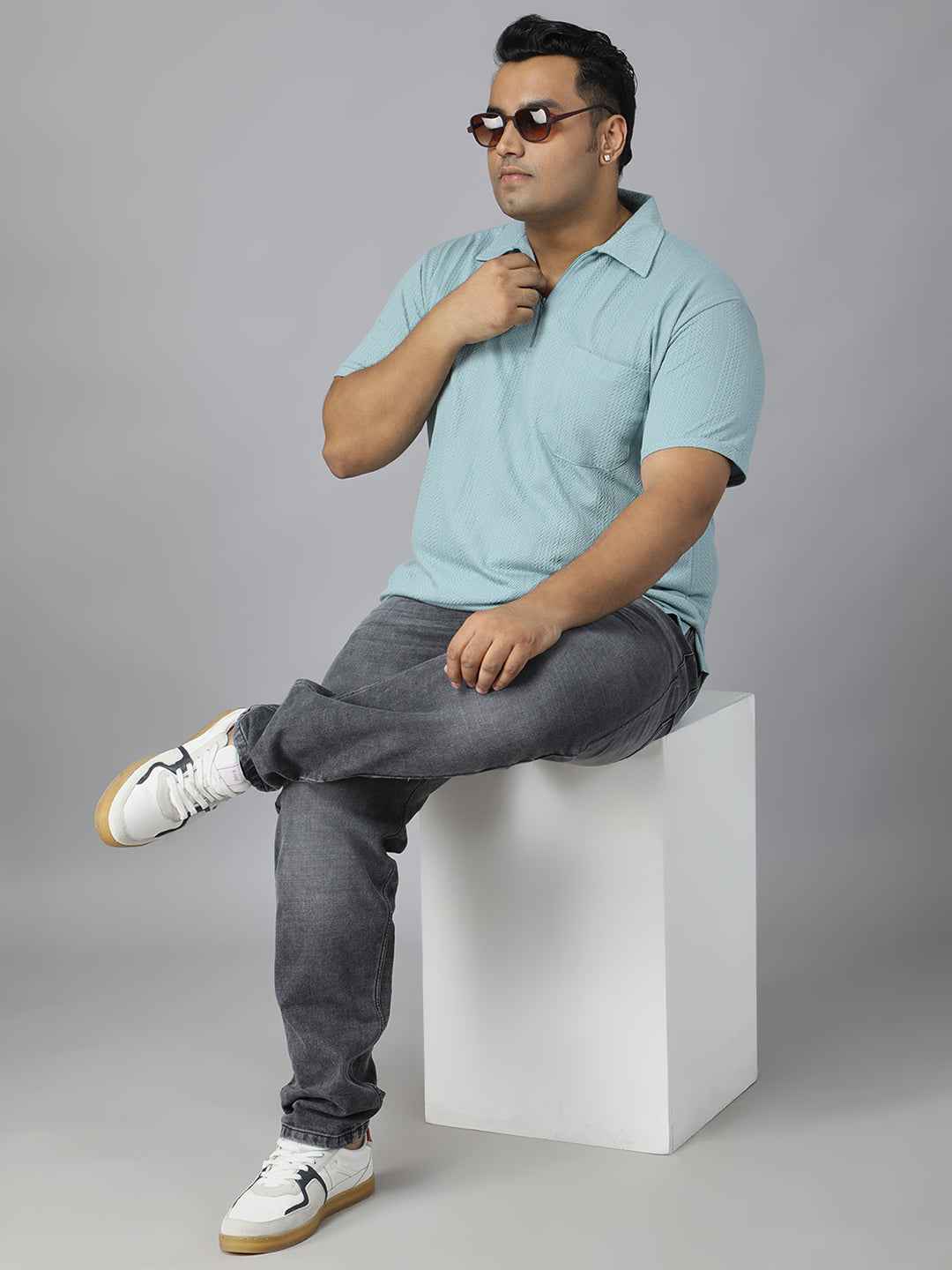 Men's Plus Size Textured Polo Neck Half Sleeve T-Shirt with Stylish Front Zip Neck and Functional Chest Pocket for Comfortable Everyday Wear