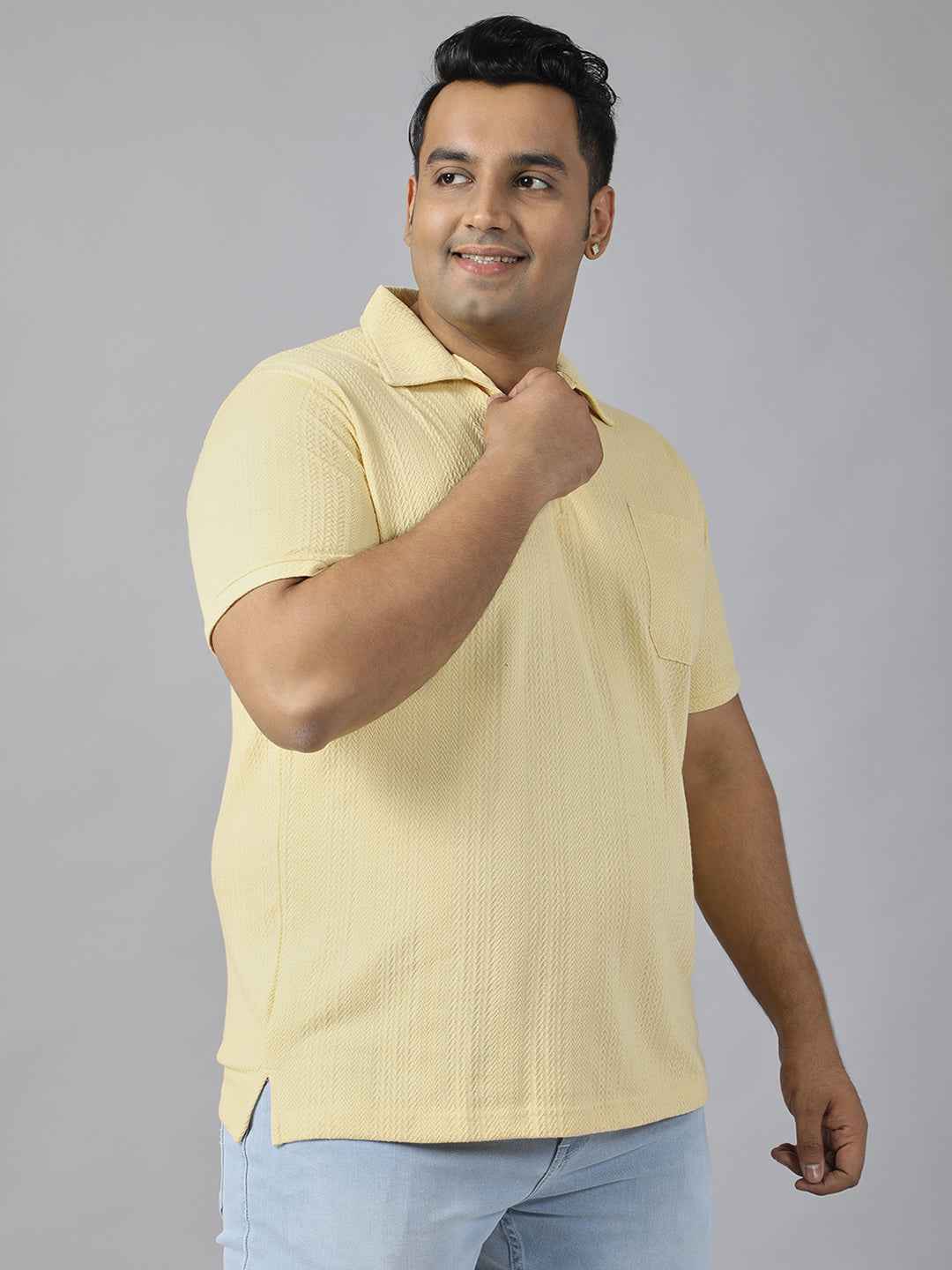 Men's Plus Size Textured Polo Neck Half Sleeve T-Shirt with Stylish Front Zip Neck and Functional Chest Pocket for Comfortable Everyday Wear