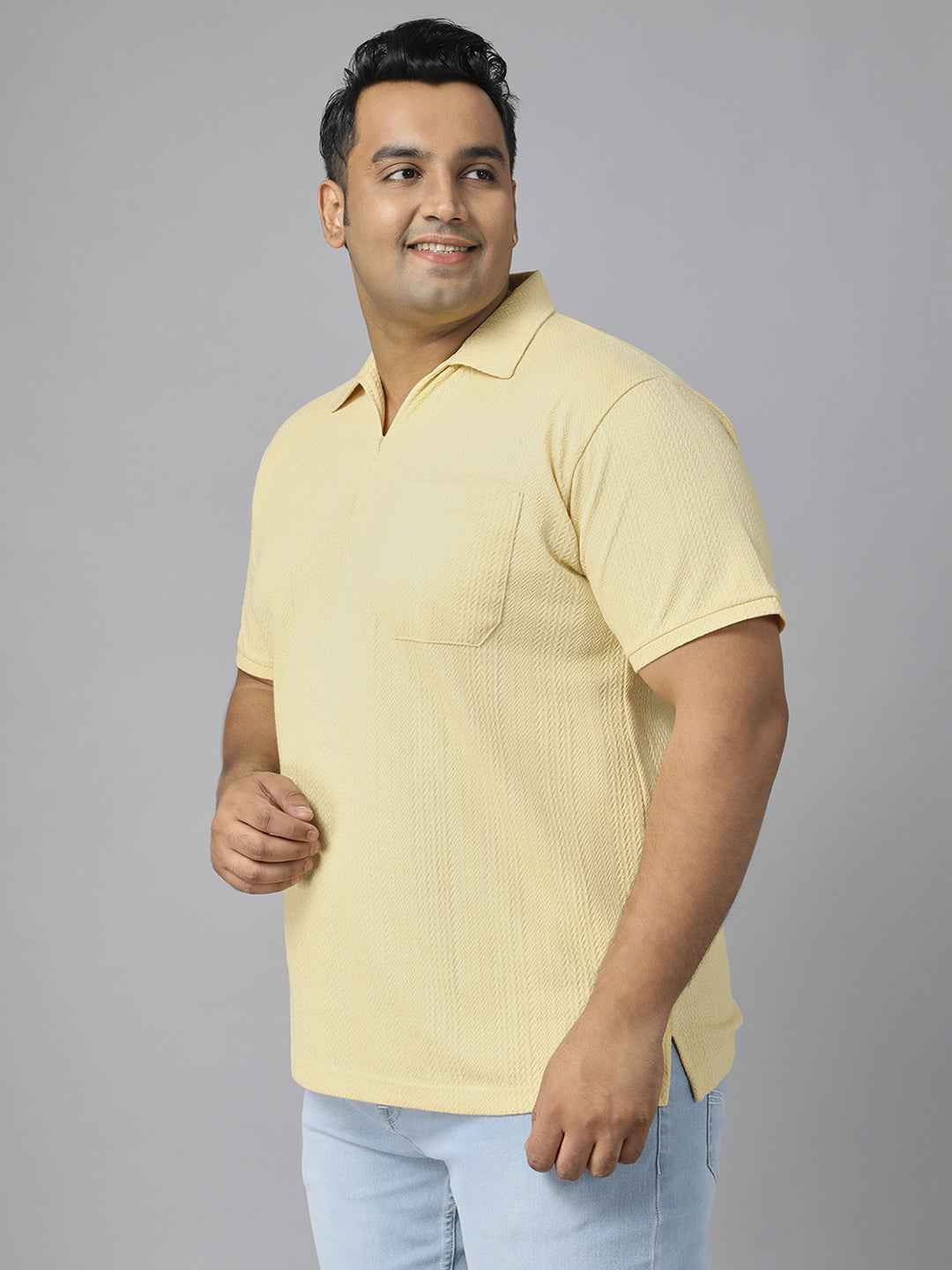 Men's Plus Size Textured Polo Neck Half Sleeve T-Shirt with Stylish Front Zip Neck and Functional Chest Pocket for Comfortable Everyday Wear
