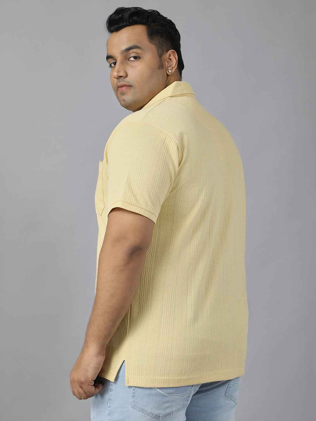 Men's Plus Size Textured Polo Neck Half Sleeve T-Shirt with Stylish Front Zip Neck and Functional Chest Pocket for Comfortable Everyday Wear