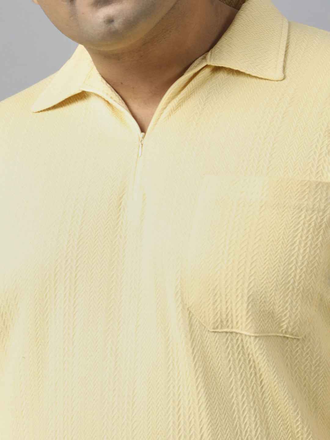 Men's Plus Size Textured Polo Neck Half Sleeve T-Shirt with Stylish Front Zip Neck and Functional Chest Pocket for Comfortable Everyday Wear