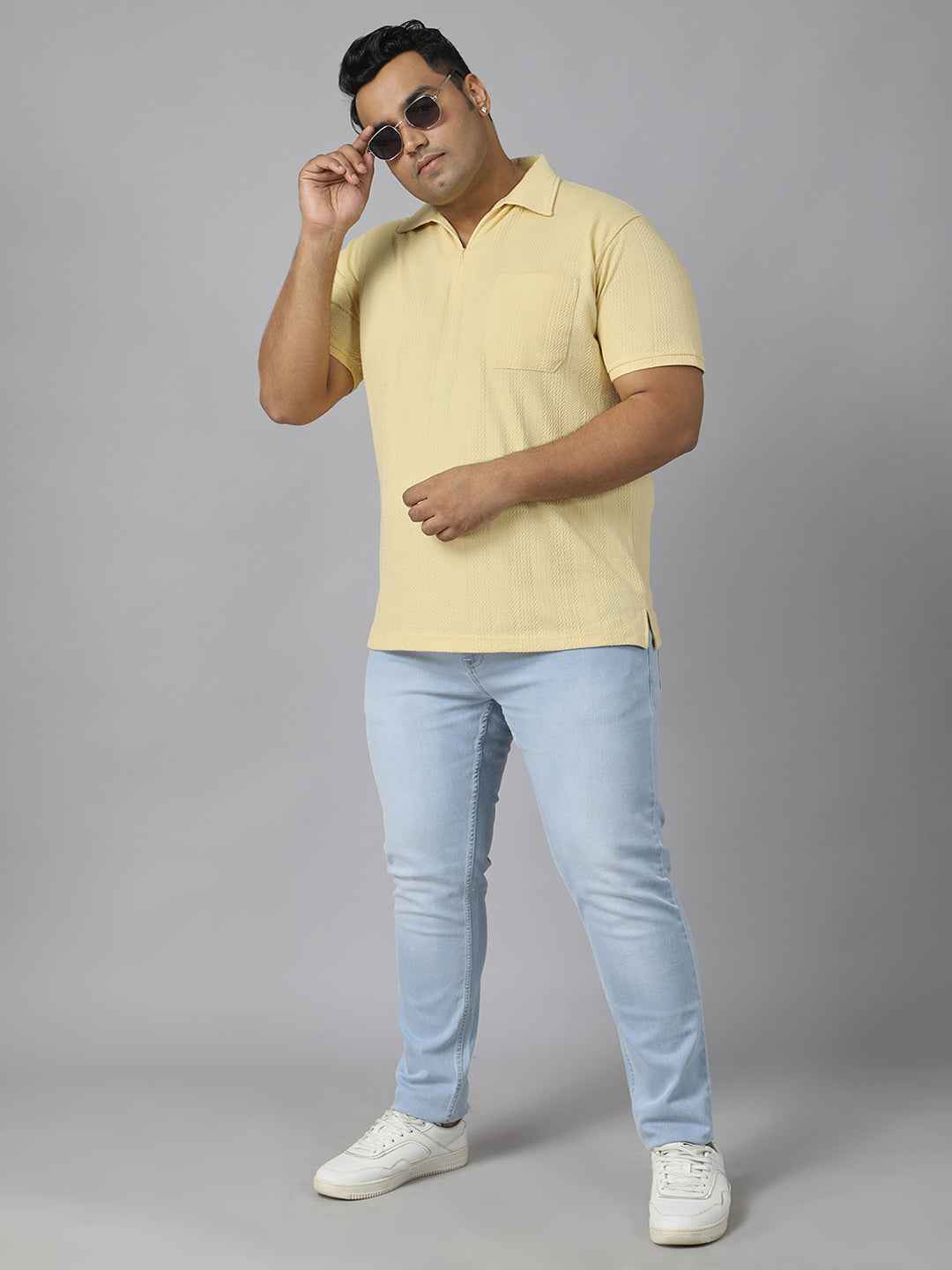 Men's Plus Size Textured Polo Neck Half Sleeve T-Shirt with Stylish Front Zip Neck and Functional Chest Pocket for Comfortable Everyday Wear