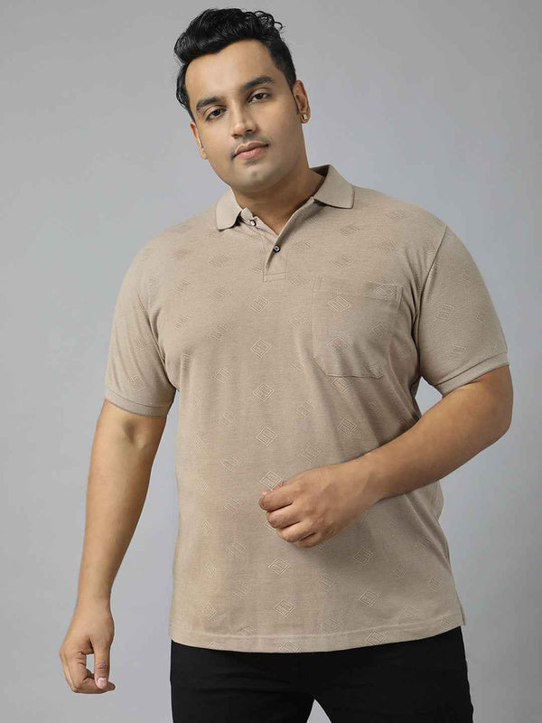 Men's Plus Size Textured Polo Neck Half Sleeve T-Shirt with Stylish Geometric Pattern