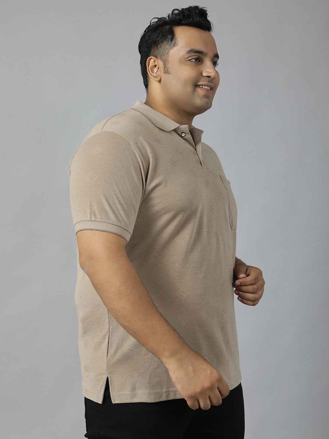 Men's Plus Size Textured Polo Neck Half Sleeve T-Shirt with Stylish Geometric Pattern