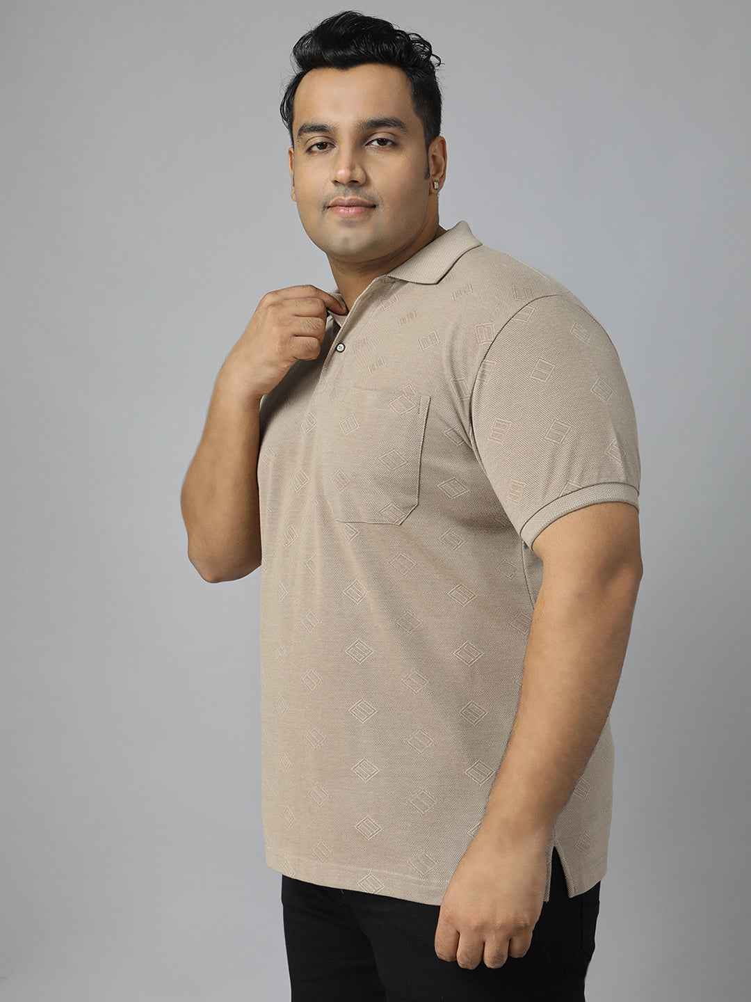 Men's Plus Size Textured Polo Neck Half Sleeve T-Shirt with Stylish Geometric Pattern