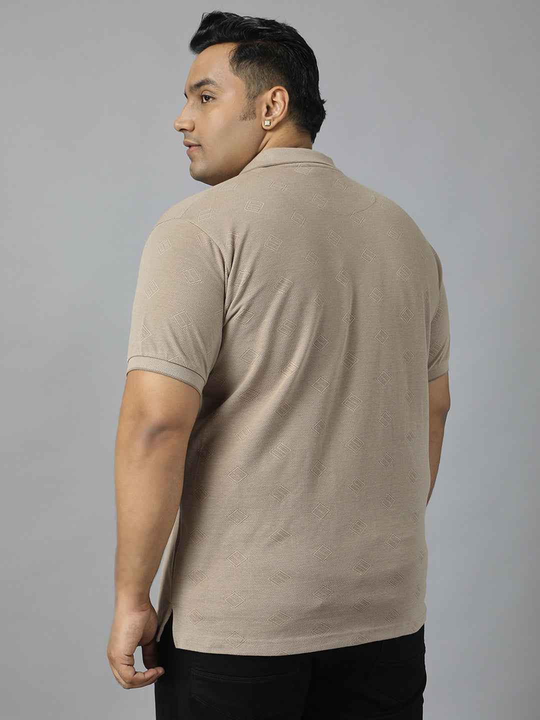 Men's Plus Size Textured Polo Neck Half Sleeve T-Shirt with Stylish Geometric Pattern