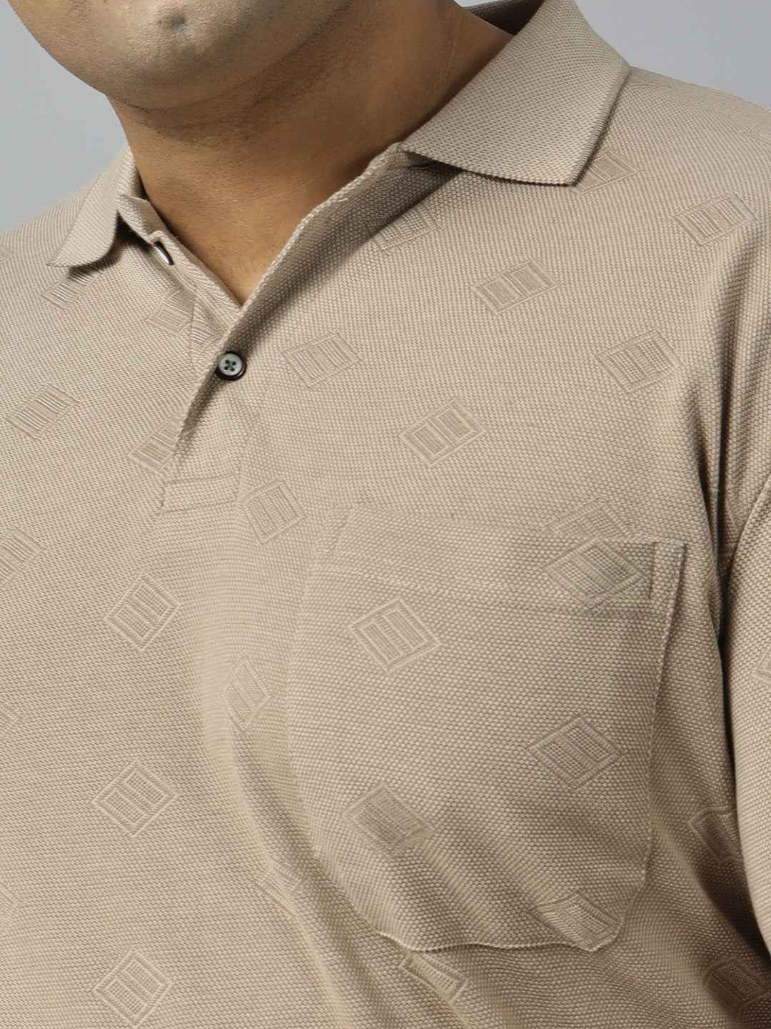 Men's Plus Size Textured Polo Neck Half Sleeve T-Shirt with Stylish Geometric Pattern