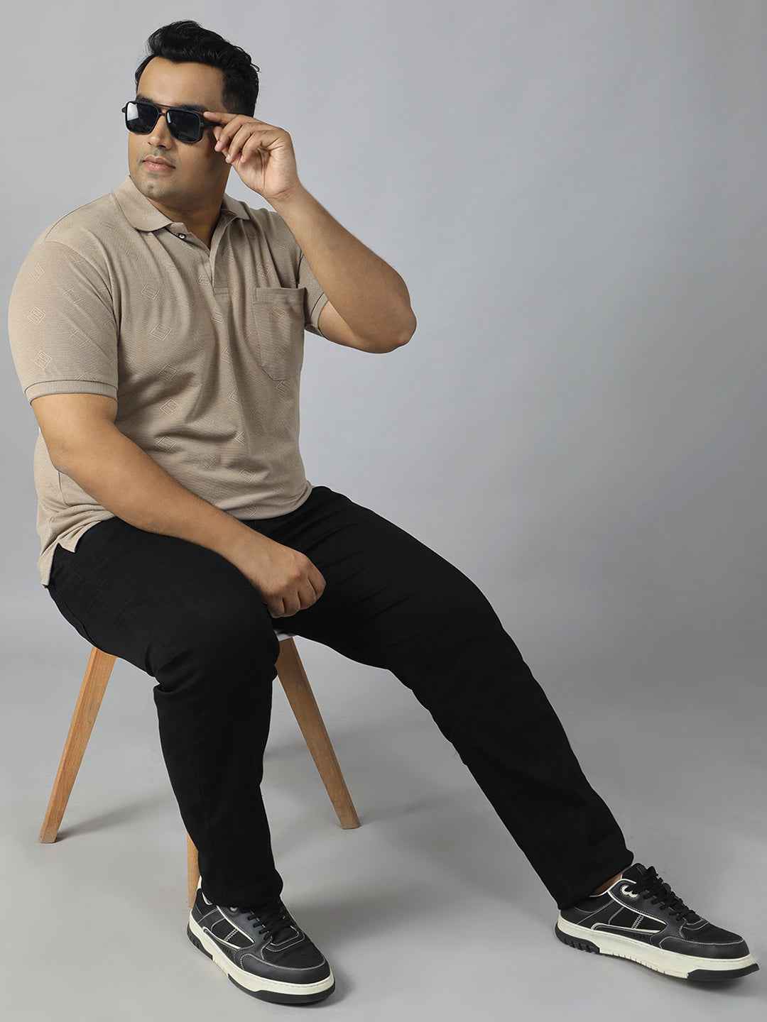 Men's Plus Size Textured Polo Neck Half Sleeve T-Shirt with Stylish Geometric Pattern