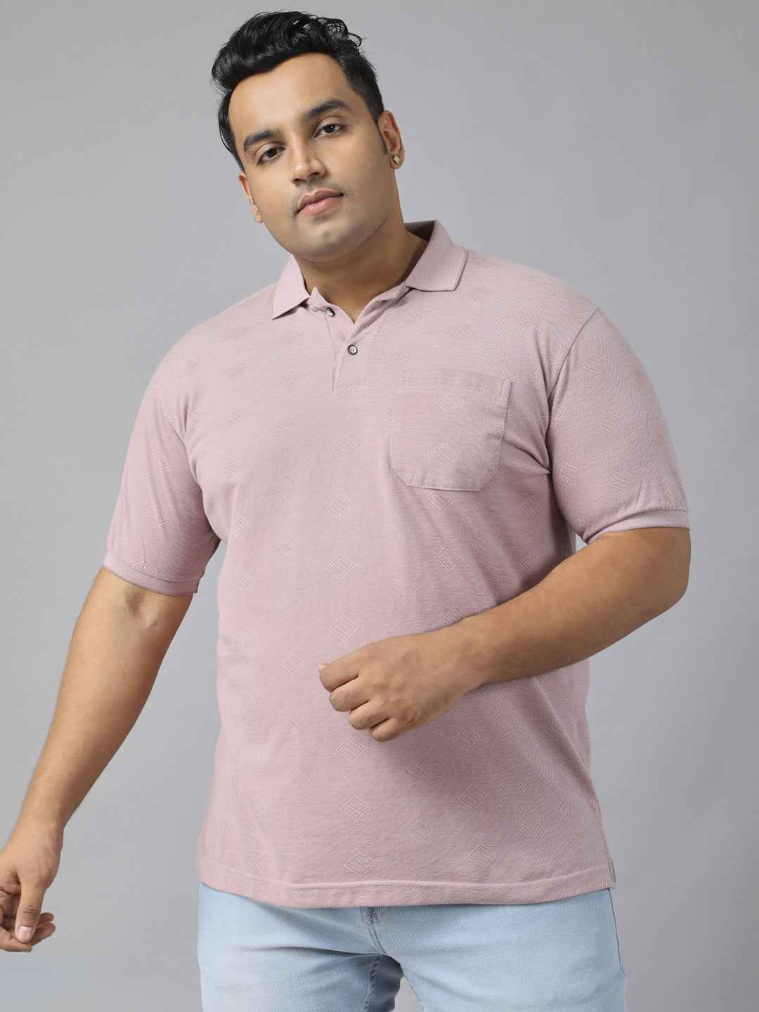 Men's Plus Size Textured Polo Neck Half Sleeve T-Shirt with Stylish Geometric Pattern