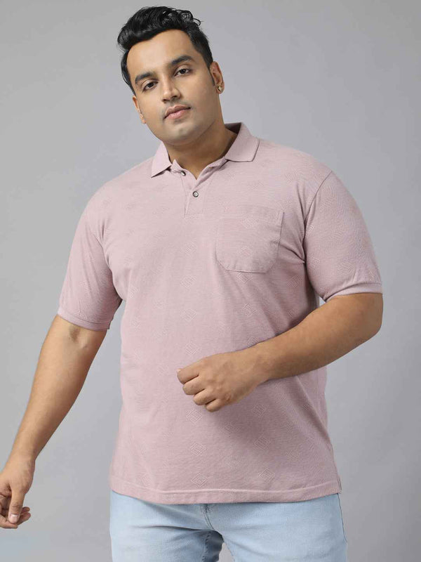 Men's Plus Size Textured Polo Neck Half Sleeve T-Shirt with Stylish Geometric Pattern