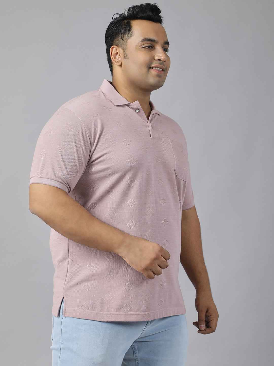 Men's Plus Size Textured Polo Neck Half Sleeve T-Shirt with Stylish Geometric Pattern