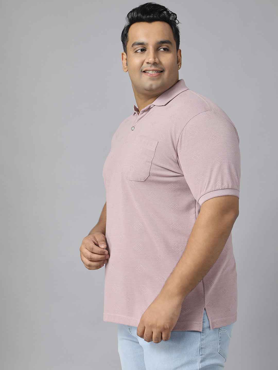 Men's Plus Size Textured Polo Neck Half Sleeve T-Shirt with Stylish Geometric Pattern