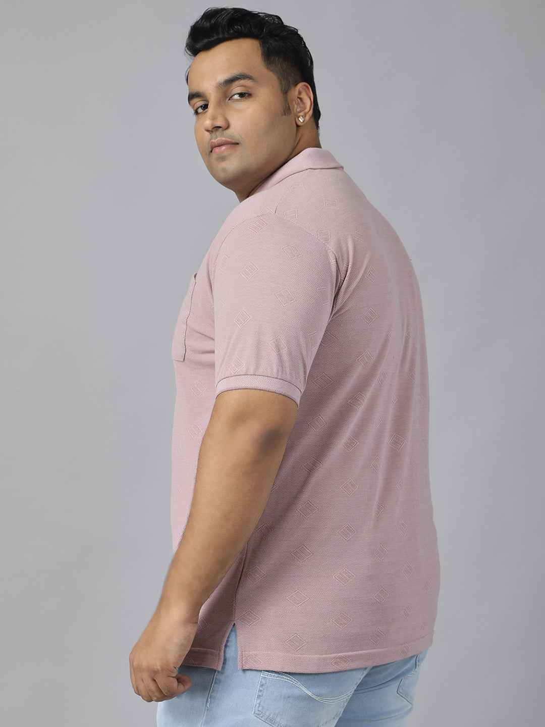 Men's Plus Size Textured Polo Neck Half Sleeve T-Shirt with Stylish Geometric Pattern