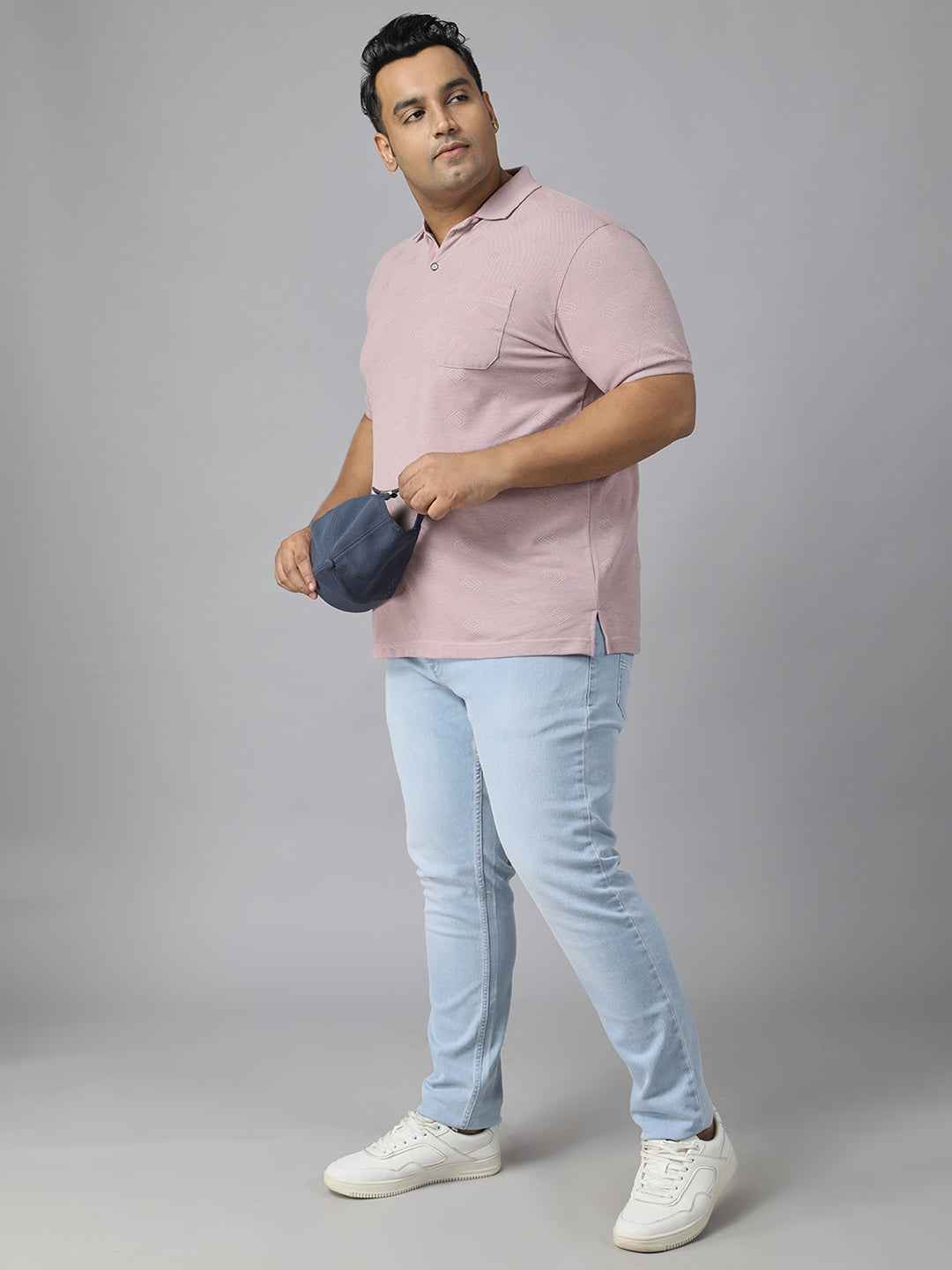 Men's Plus Size Textured Polo Neck Half Sleeve T-Shirt with Stylish Geometric Pattern