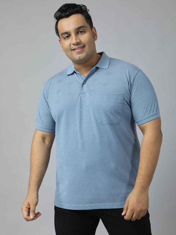 Men's Plus Size Textured Polo Neck Half Sleeve T-Shirt with Stylish Geometric Pattern