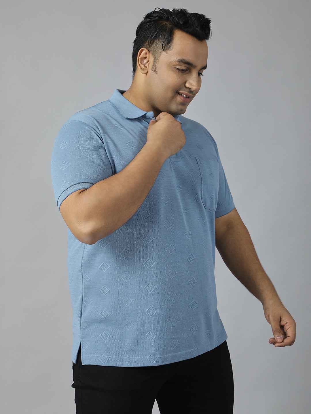 Men's Plus Size Textured Polo Neck Half Sleeve T-Shirt with Stylish Geometric Pattern