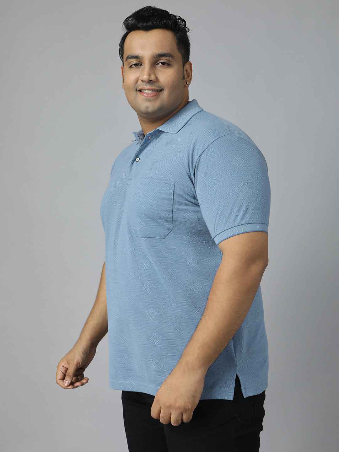 Men's Plus Size Textured Polo Neck Half Sleeve T-Shirt with Stylish Geometric Pattern