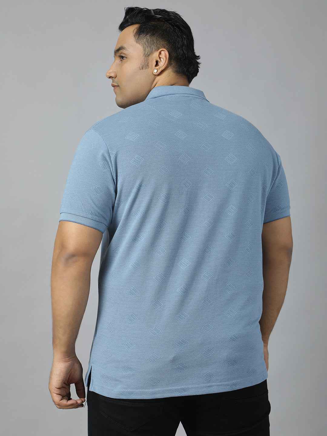 Men's Plus Size Textured Polo Neck Half Sleeve T-Shirt with Stylish Geometric Pattern