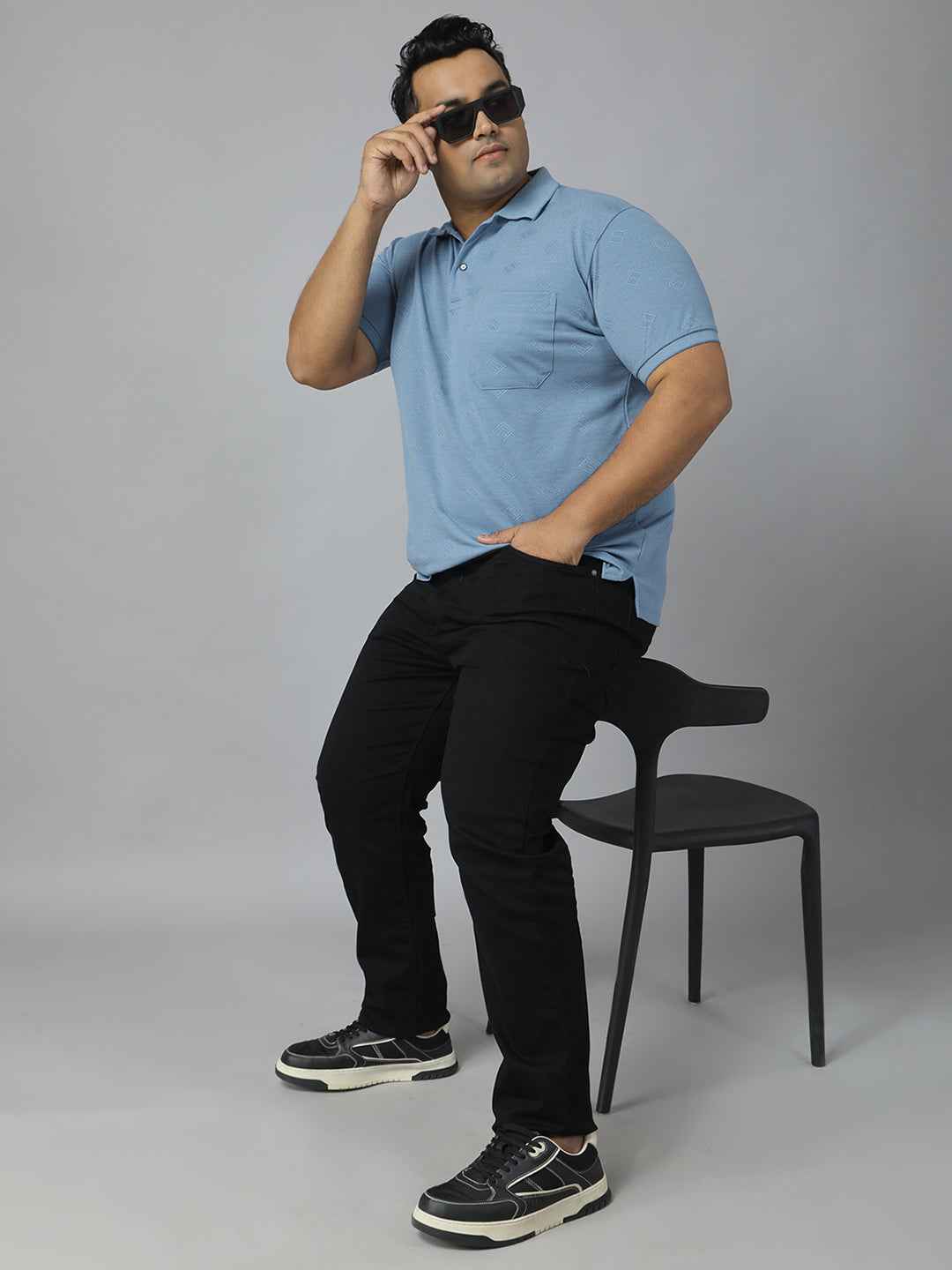 Men's Plus Size Textured Polo Neck Half Sleeve T-Shirt with Stylish Geometric Pattern