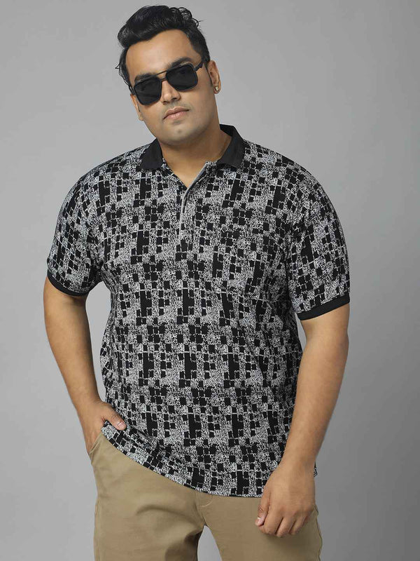Men's Plus Size Textured Polo Neck Half Sleeve T-Shirt with Concealed Button Placket