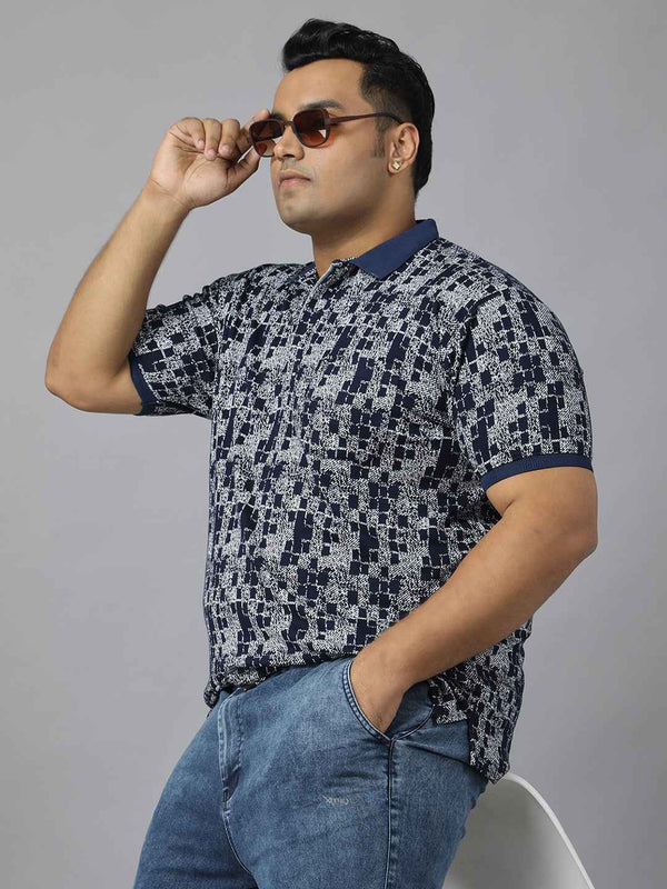 Men's Plus Size Textured Polo Neck Half Sleeve T-Shirt with Concealed Button Placket