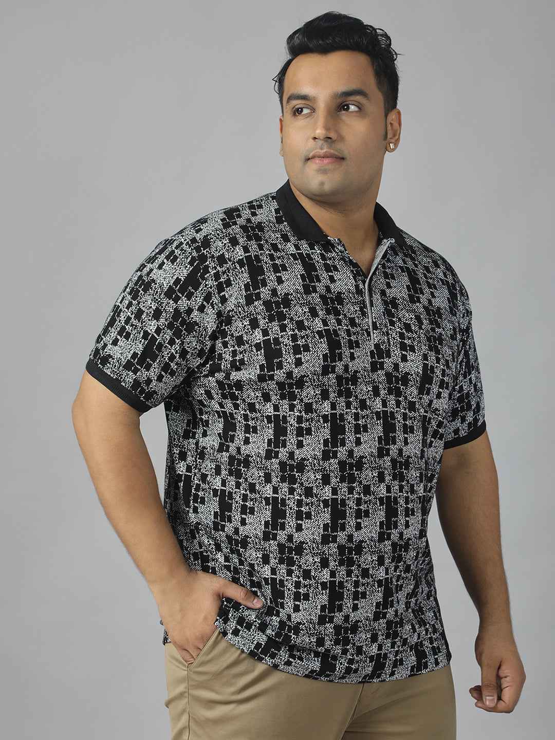 Men's Plus Size Textured Polo Neck Half Sleeve T-Shirt with Concealed Button Placket