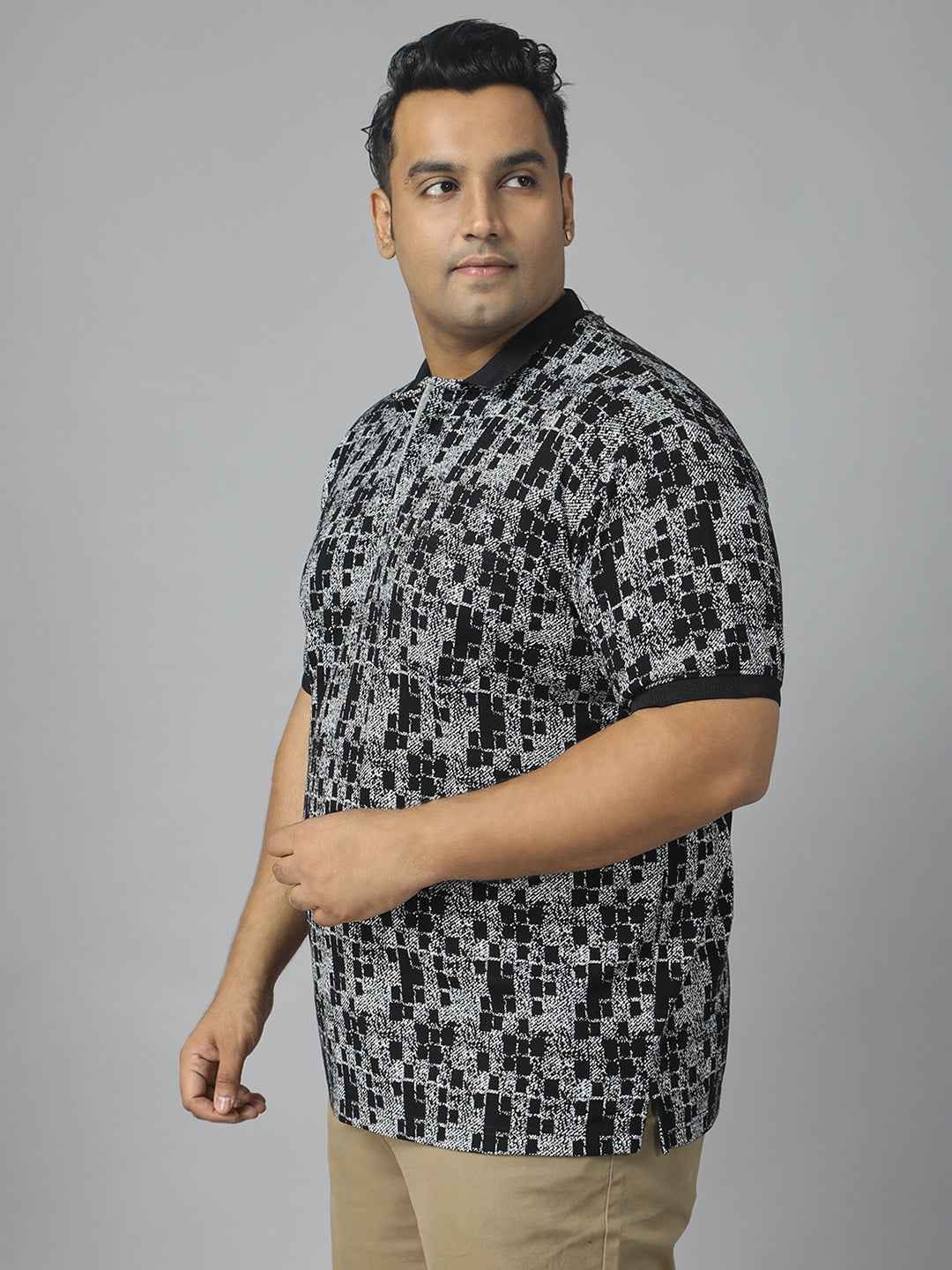 Men's Plus Size Textured Polo Neck Half Sleeve T-Shirt with Concealed Button Placket