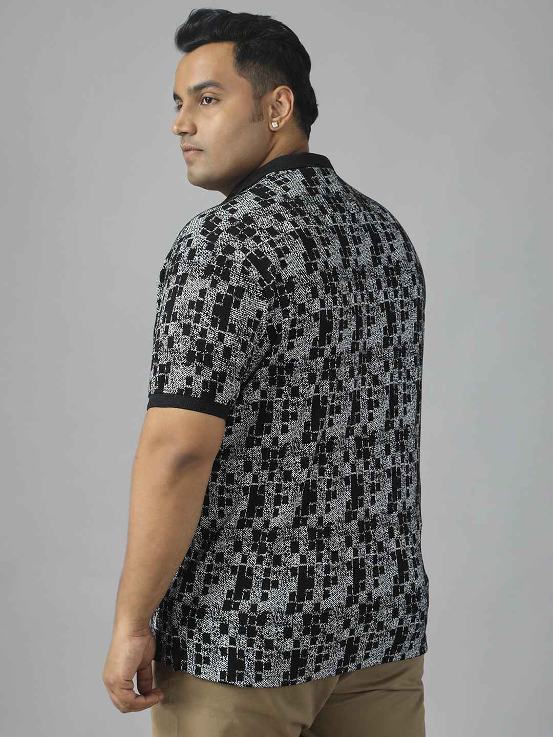 Men's Plus Size Textured Polo Neck Half Sleeve T-Shirt with Concealed Button Placket