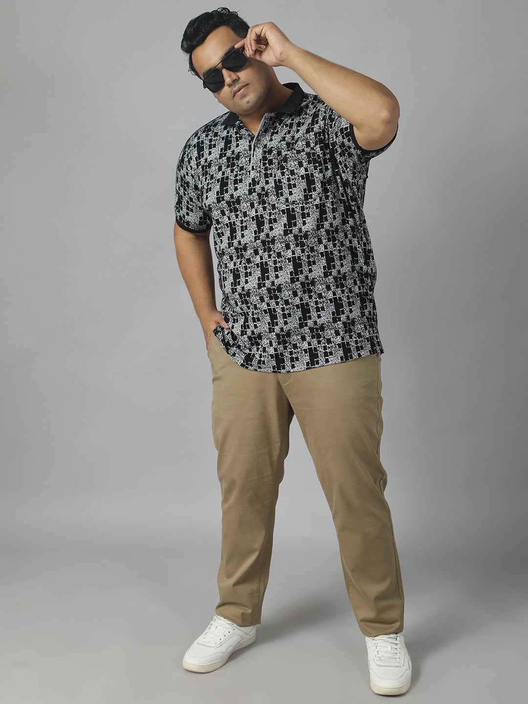 Men's Plus Size Textured Polo Neck Half Sleeve T-Shirt with Concealed Button Placket