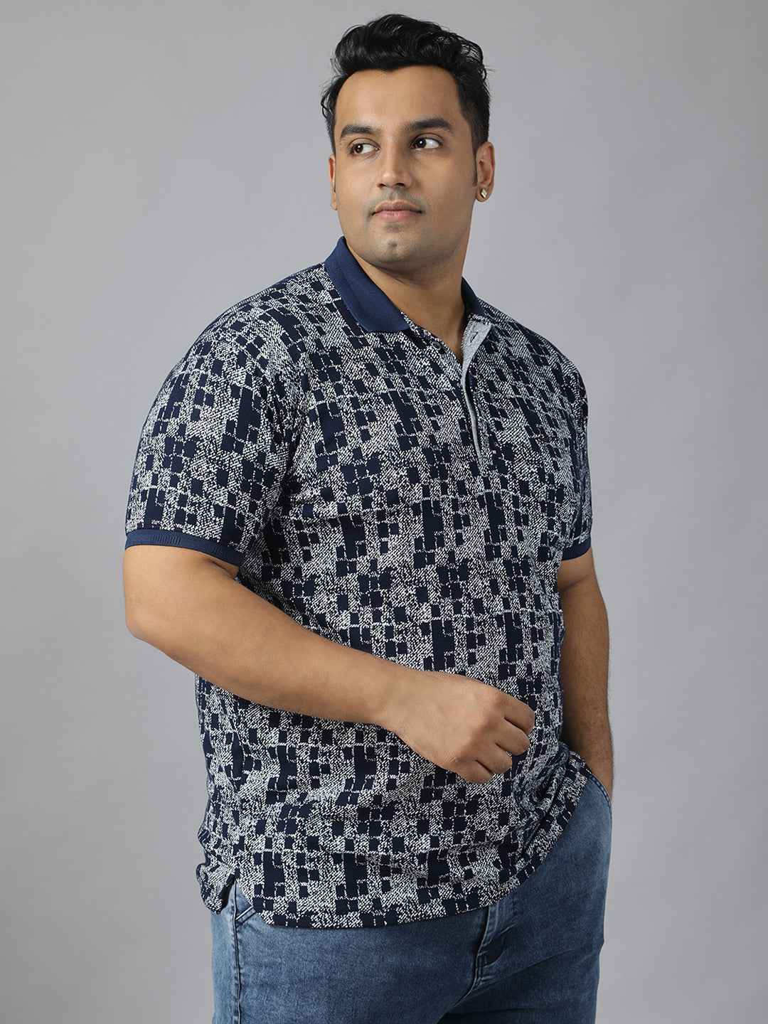 Men's Plus Size Textured Polo Neck Half Sleeve T-Shirt with Concealed Button Placket