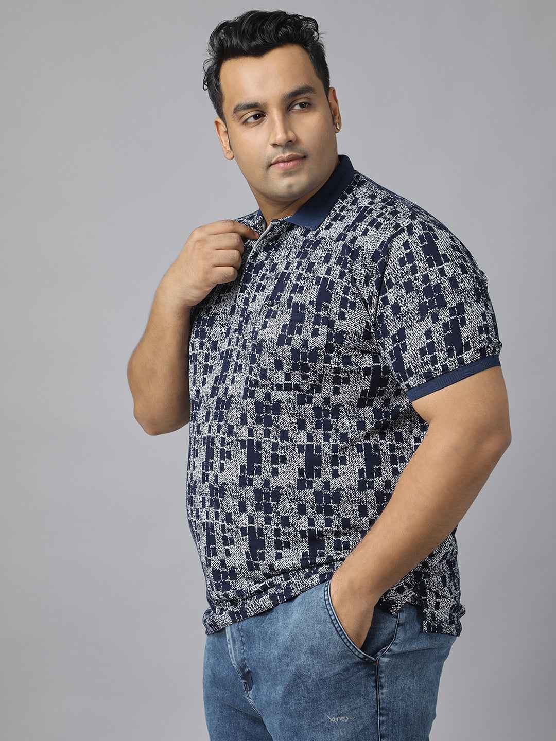 Men's Plus Size Textured Polo Neck Half Sleeve T-Shirt with Concealed Button Placket