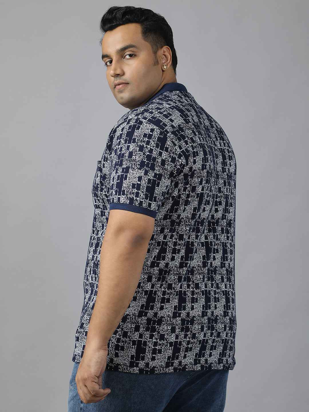 Men's Plus Size Textured Polo Neck Half Sleeve T-Shirt with Concealed Button Placket