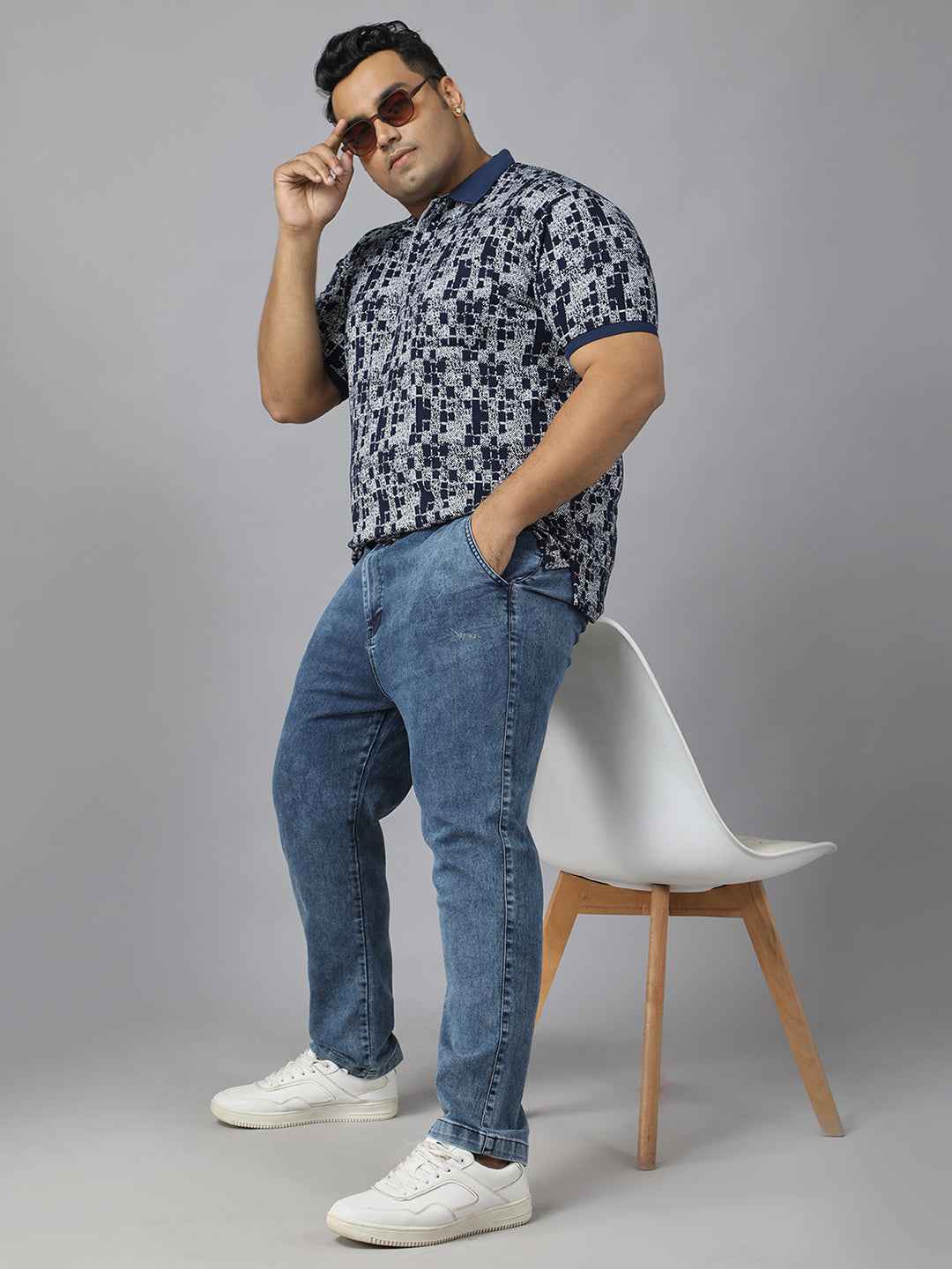 Men's Plus Size Textured Polo Neck Half Sleeve T-Shirt with Concealed Button Placket