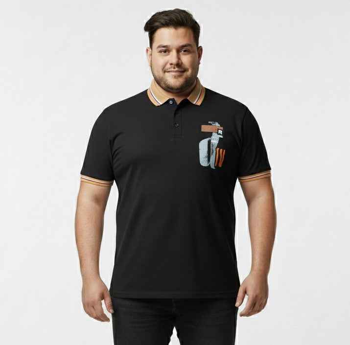 Trendy Plus Size Polo T Shirt for Men with Modern Chest Print and Contrast Collar