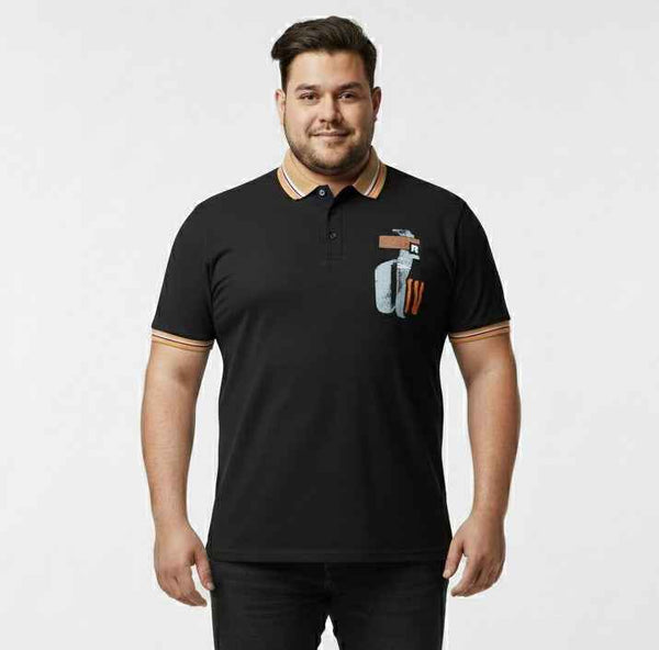 Trendy Plus Size Polo T Shirt for Men with Modern Chest Print and Contrast Collar