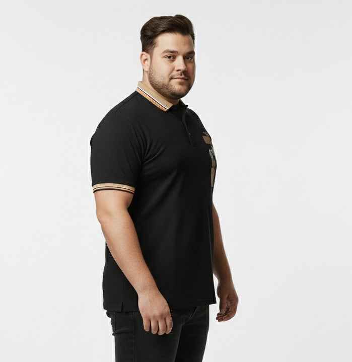Trendy Plus Size Polo T Shirt for Men with Modern Chest Print and Contrast Collar