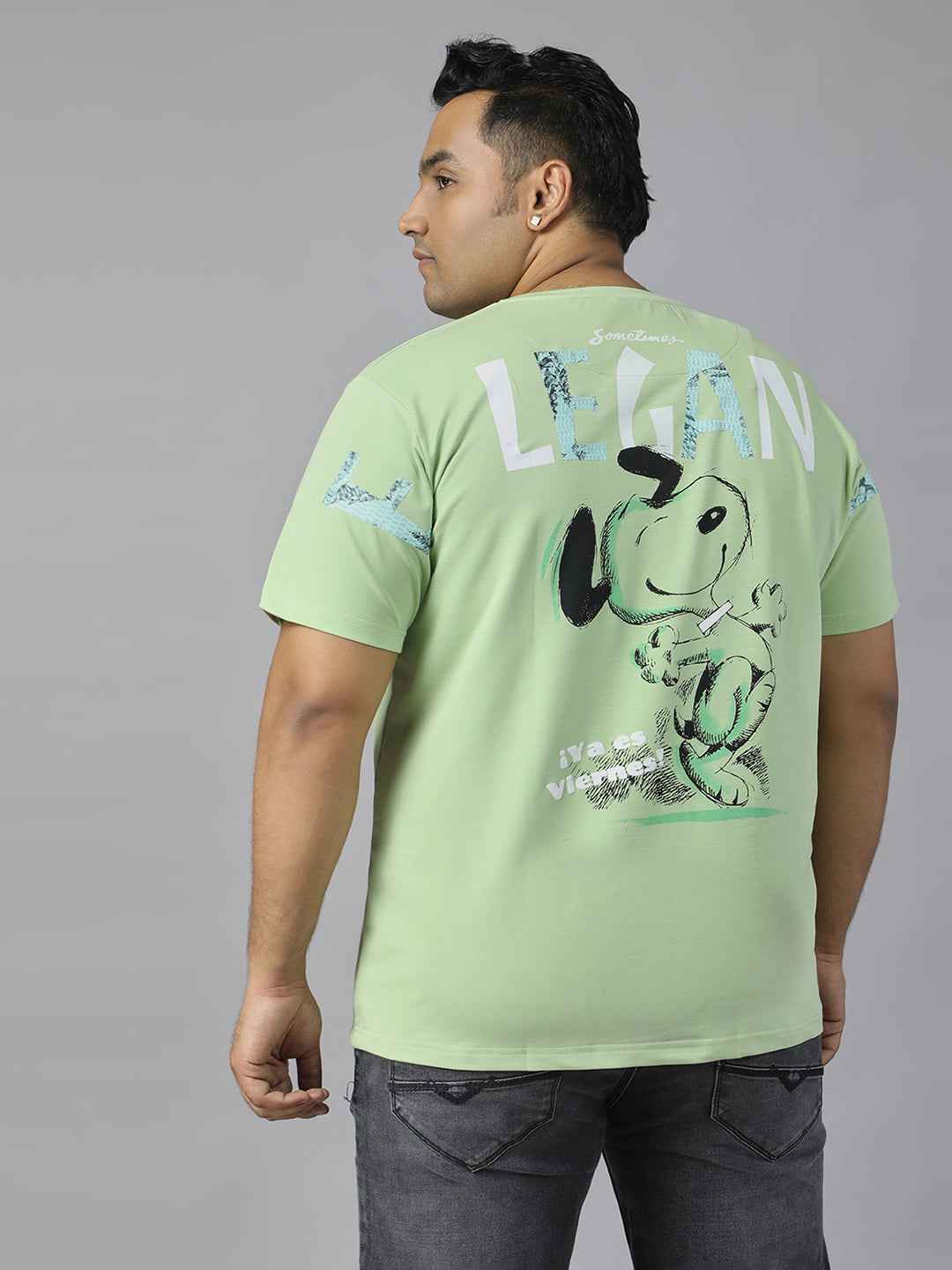 Men’s Plus Size Graphic Print T-Shirt with Snoopy Back Design, Soft Cotton Blend Fabric, Half Sleeves, Relaxed Fit Casual Tee for Daily Wear