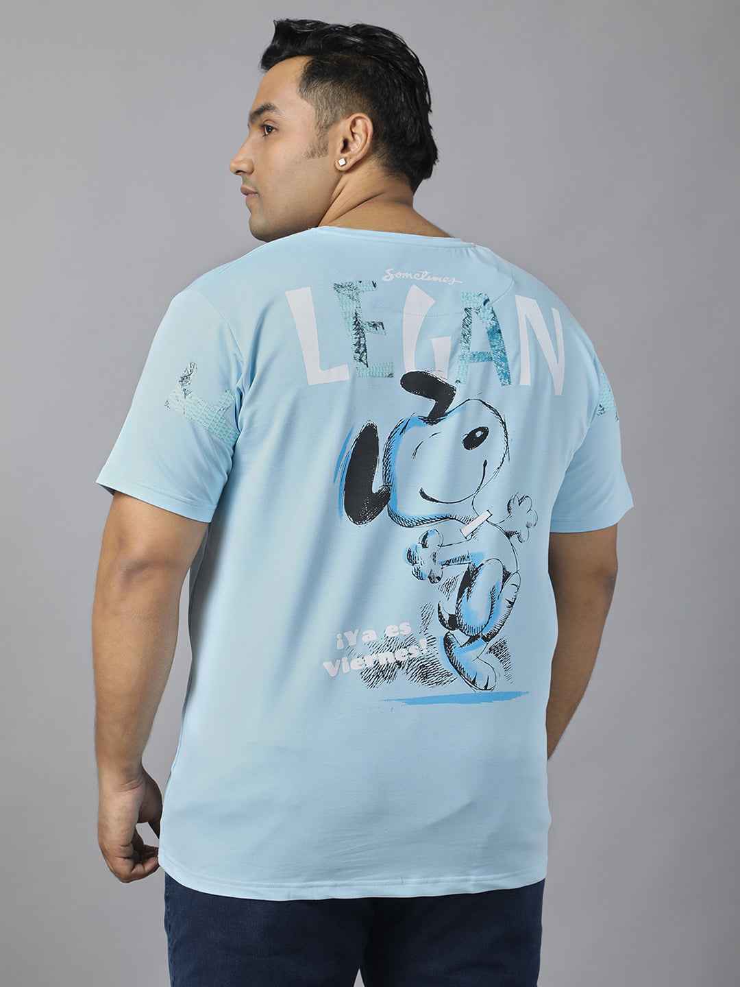 Men’s Plus Size Graphic Print T-Shirt with Snoopy Back Design, Soft Cotton Blend Fabric, Half Sleeves, Relaxed Fit Casual Tee for Daily Wear