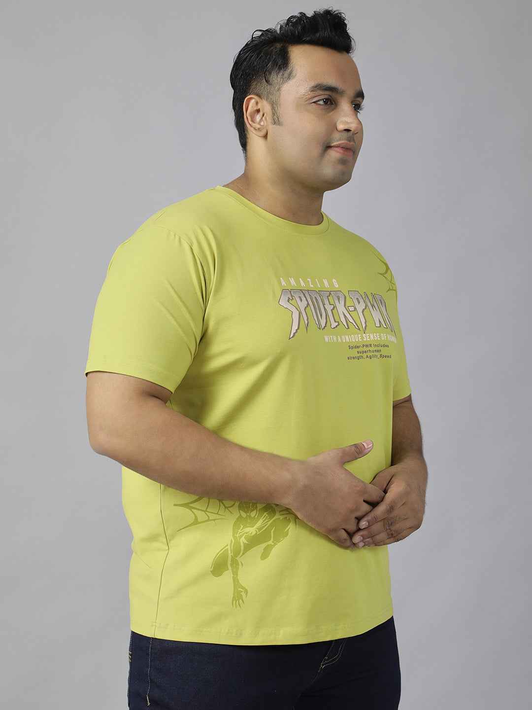 Men's Plus Size Amazing Spider-PWR Graphic T-Shirt | Round Neck Half Sleeve Cotton Tee with Superhero Print | Casual Comfortable Printed T-Shirt for Everyday Wear